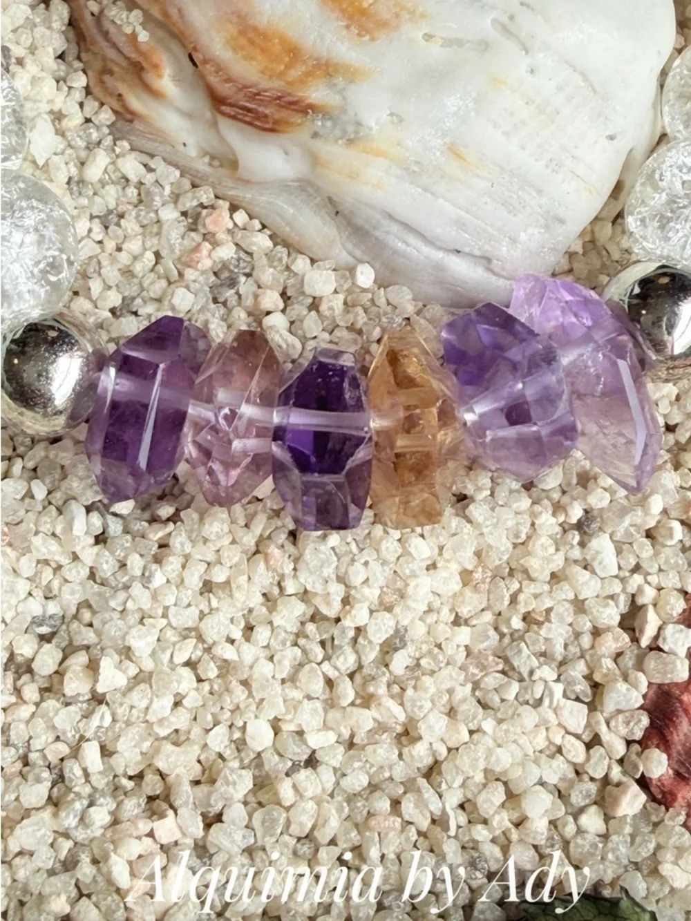 Clear Crackle quartz- AMETRINE Bead Bracelet with Purple Amethyst Accents